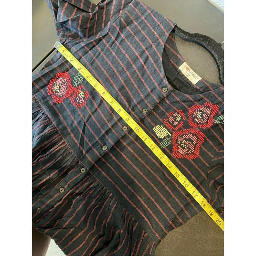Bombay Paisley Dark Blue Red Stripe Floral Embroidered Button Down 3/4 Sleeve Mi - Picture 8 of 16